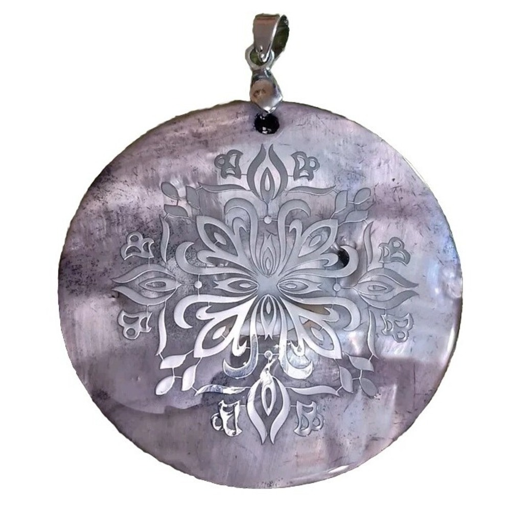 Vintage Silver Tone Mother of Pearl Etched Floral Mandala 2 Inch Pendant